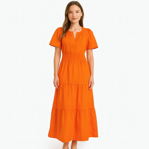 Quince SZ S 100% Organic Cotton Tiered Maxi Dress Vermilion Red NWT - Picture 1 of 7